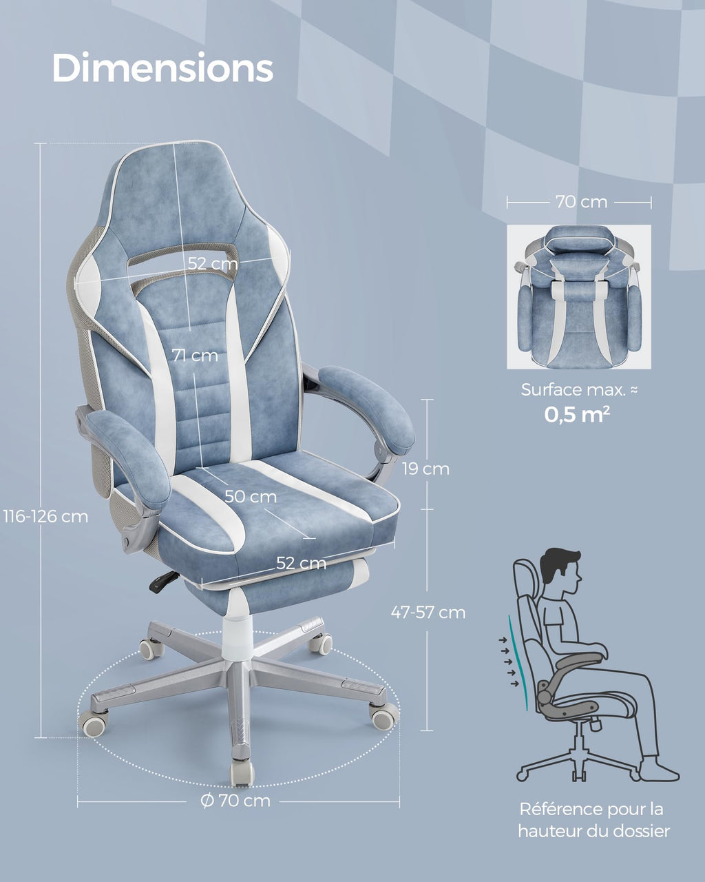 SONGMICS Fauteuil de Bureau Gaming OBG073B03 – Ergonomique, Repose-pieds, Appui-tête, 150 kg