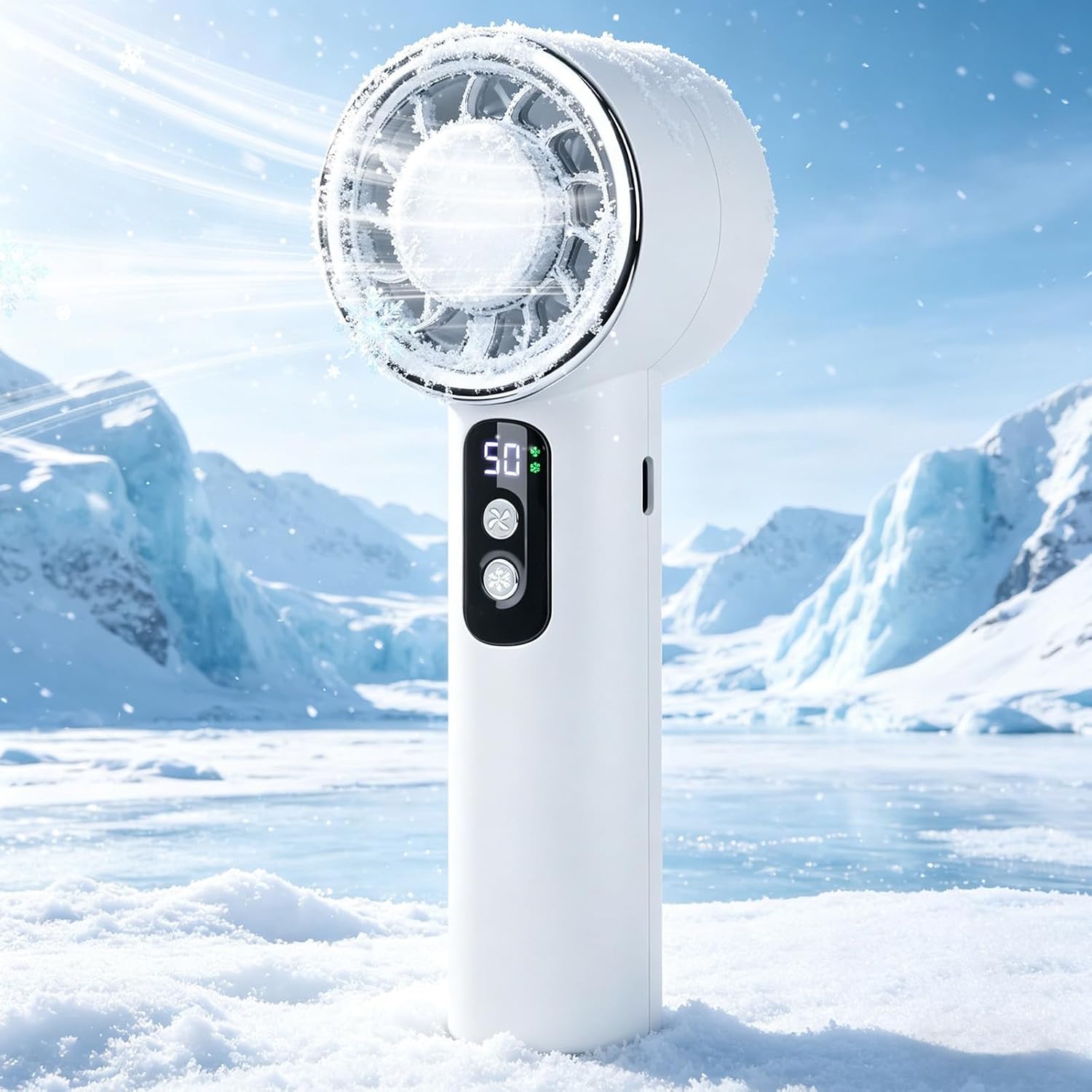 Ventilateur portable avec refroidisseur à glace | Jusqu'à 12 heures de refroidissement | Ventilateur à main de 0 à 100 vitesses | Moteur silencieux puissant de 20 000 tr/min | Mini ventilateur à