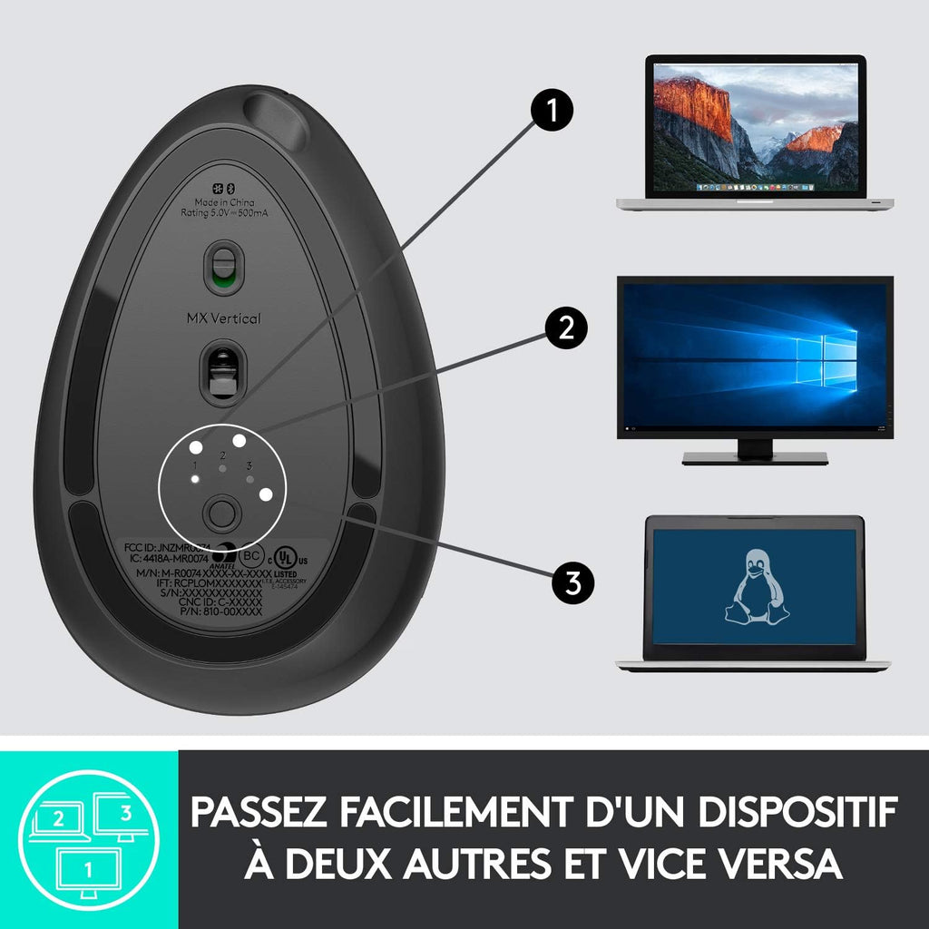 Logitech MX Vertical – Souris Ergonomique Sans Fil Bluetooth & 2,4 GHz, 4000 PPP, Graphite