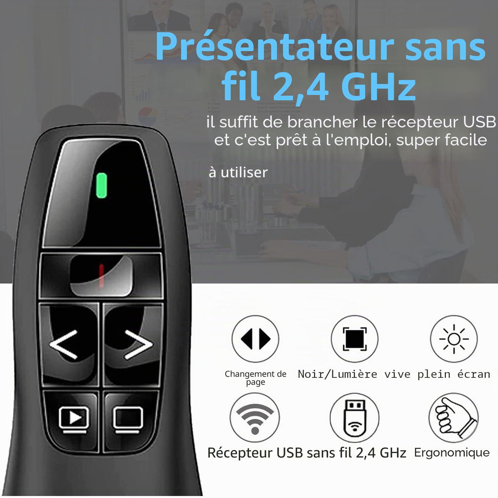 Présentateur Sans Fil 2,4 GHz – Pointeur Laser, 5 Boutons, 100 m, Plug & Play – PowerPoint, Google Slides, Keynote, PC & Mac