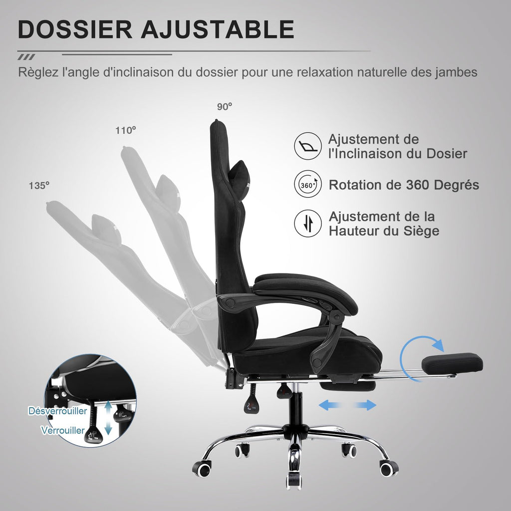 GTPLAYER Chaise Gaming Ergonomique, Fauteuil Gamer, Chaise Bureau, Dossier réglable à 135°, Hauteur Réglable, Repose-Pieds rétractables, Simili Cuir, Supporte 150 kg, Bleu