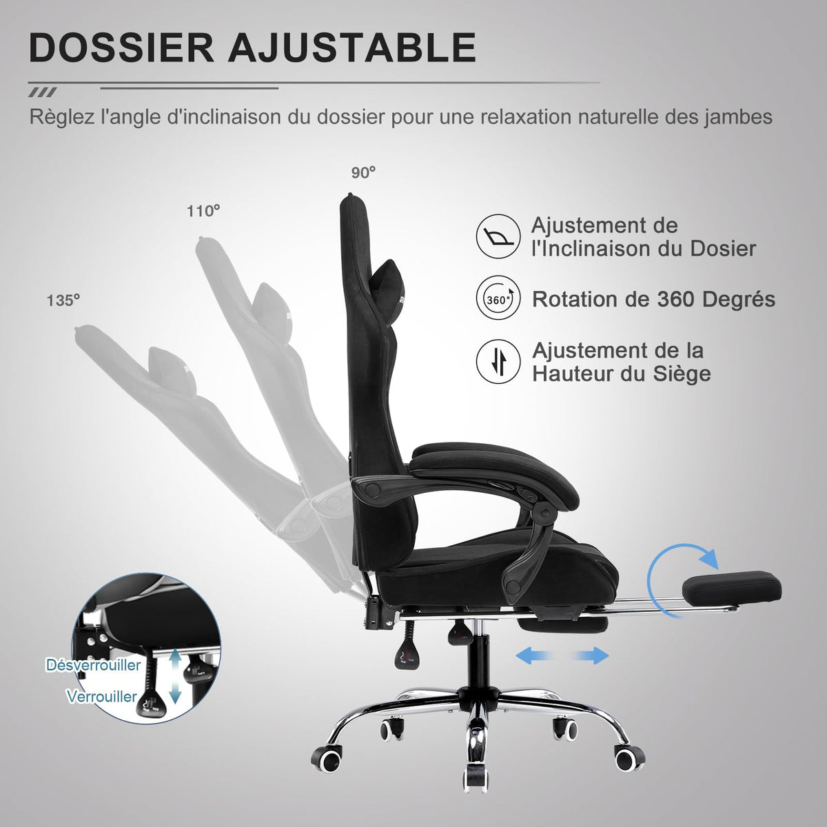 GTPLAYER Chaise Gaming Ergonomique, Fauteuil Gamer, Chaise Bureau, Dossier réglable à 135°, Hauteur Réglable, Repose-Pieds rétractables, Simili Cuir, Supporte 150 kg, Bleu