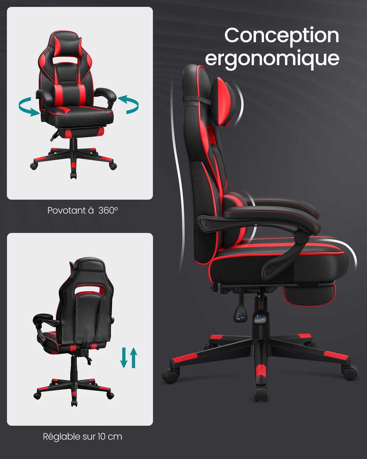 SONGMICS Fauteuil de Bureau Gaming OBG073B03 – Ergonomique, Repose-pieds, Appui-tête, 150 kg