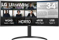 LG UltraWide 34WR55QK-B 34'' – Écran PC 21:9 QHD 3440x1440, Dalle VA 100Hz 5ms, HDR10, sRGB 99%, Réglable en Hauteur, Mode Portrait