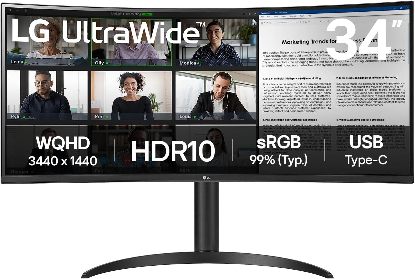 LG UltraWide 34WR55QK-B 34'' – Écran PC 21:9 QHD 3440x1440, Dalle VA 100Hz 5ms, HDR10, sRGB 99%, Réglable en Hauteur, Mode Portrait