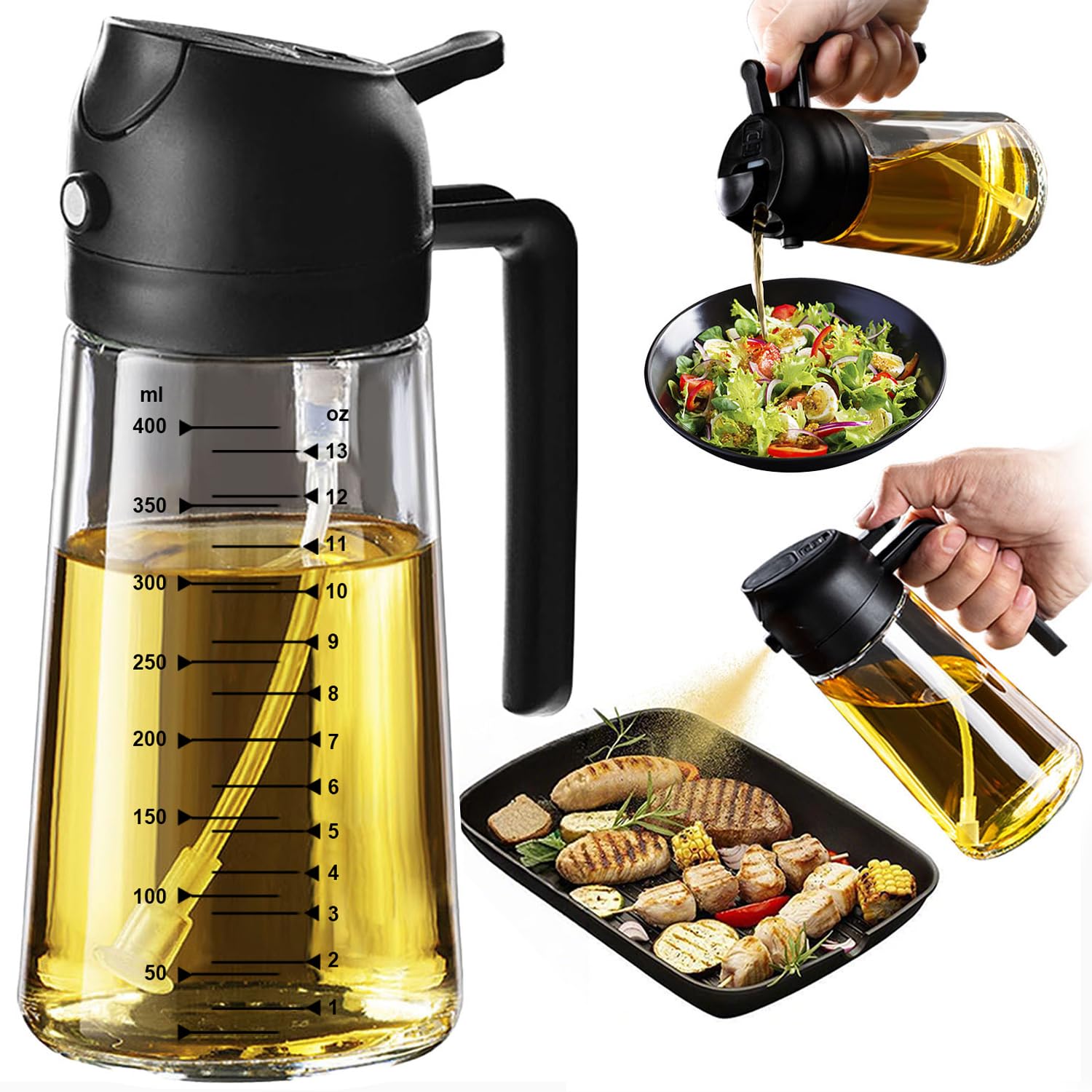 TrendPlain Vaporisateur Huile Cuisine 470ml – Spray 2-en-1 Air Fryer, Salades & Cuisson (Noir)