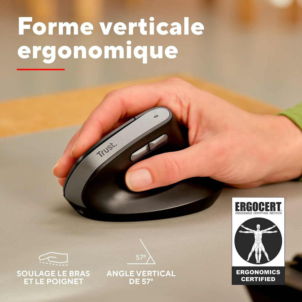 Trust Yuno Souris Ergonomique Verticale sans Fil Rechargeable – Angle 57°, 3 Mois Autonomie, Plastique Recyclé, PC & Mac