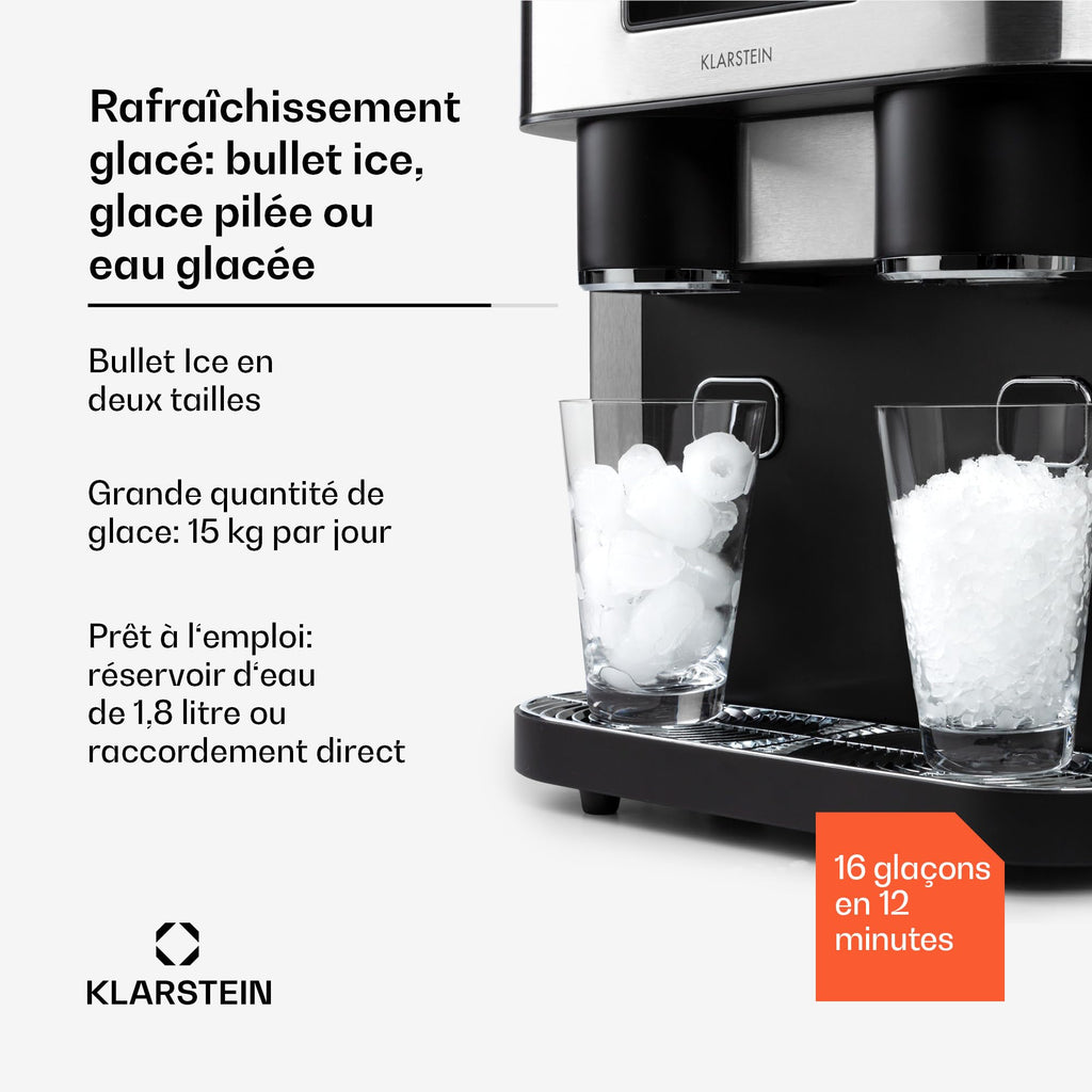 Klarstein Eiszeit Crush Machine à Glaçons Argent – réservoir 1,8 L, 15 kg/24 h, glaçons en 12 min, ~16/cycle | Glace pilée, écran tactile, alarmes