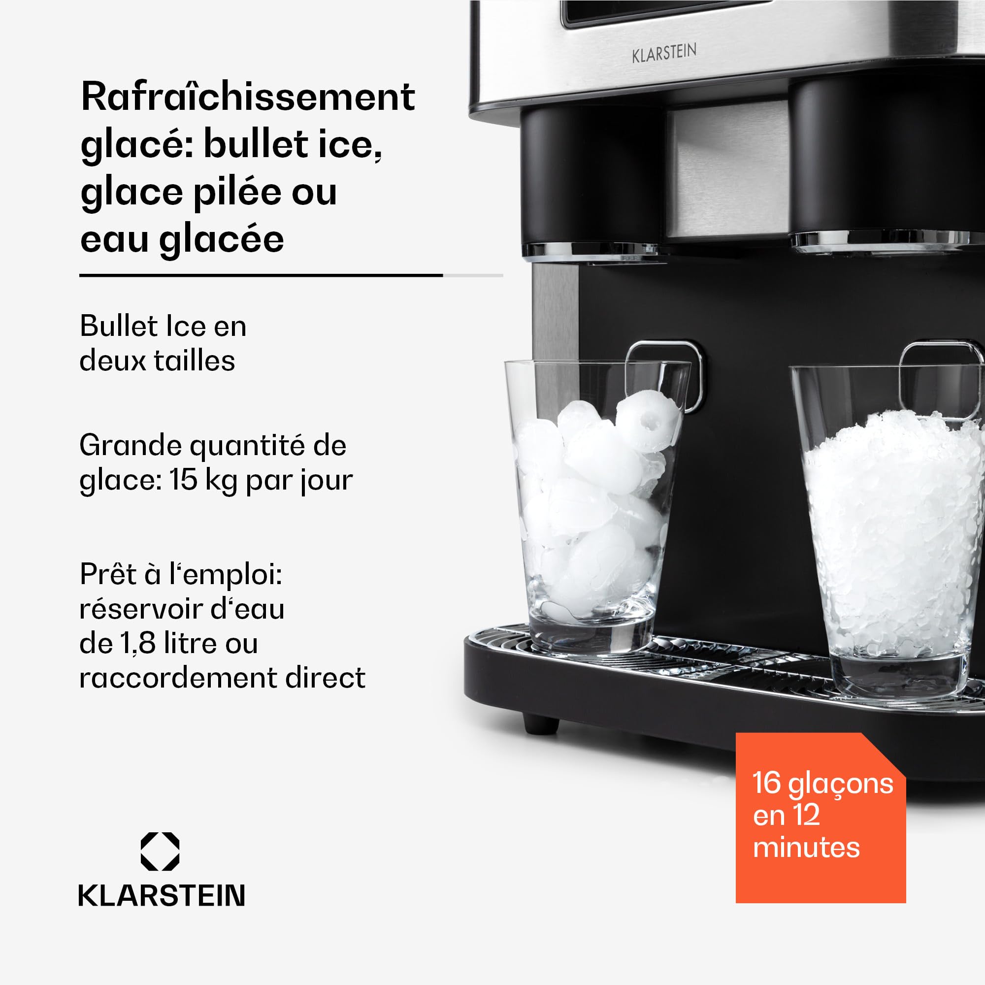 Klarstein Eiszeit Crush Machine à Glaçons Argent – réservoir 1,8 L, 15 kg/24 h, glaçons en 12 min, ~16/cycle | Glace pilée, écran tactile, alarmes