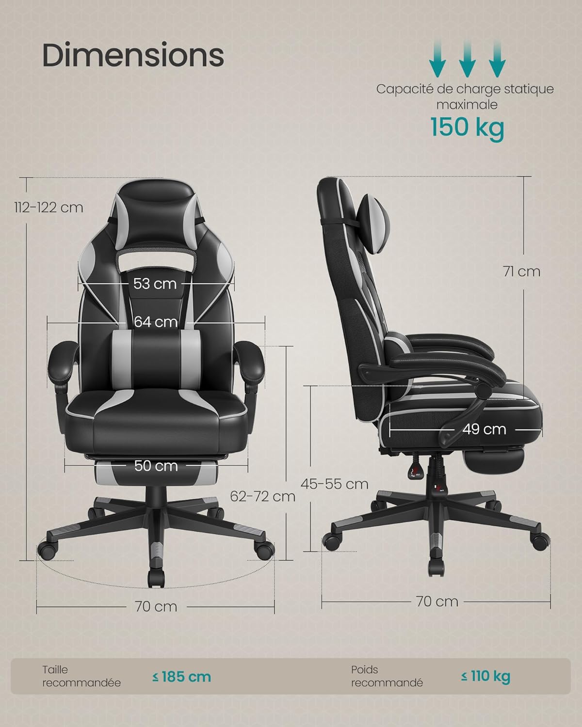 SONGMICS Fauteuil de Bureau Gaming OBG073B03 – Ergonomique, Repose-pieds, Appui-tête, 150 kg