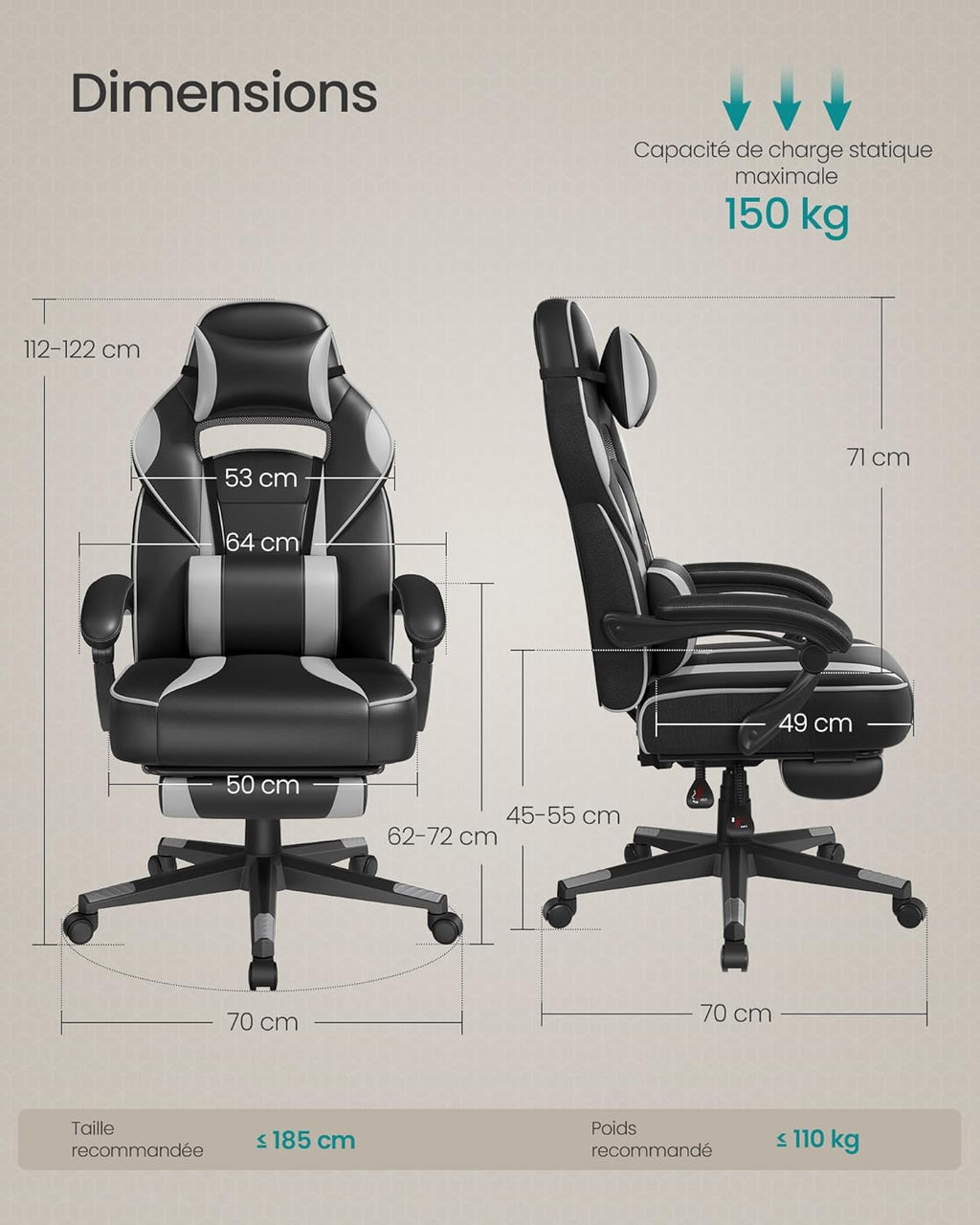 SONGMICS Fauteuil de Bureau Gaming OBG073B03 – Ergonomique, Repose-pieds, Appui-tête, 150 kg