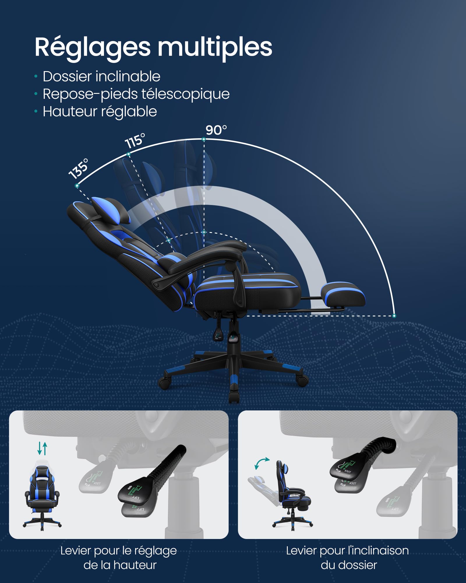 SONGMICS Fauteuil de Bureau Gaming OBG073B03 – Ergonomique, Repose-pieds, Appui-tête, 150 kg