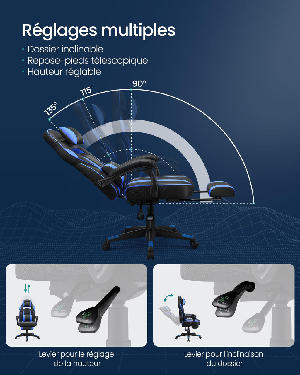 SONGMICS Fauteuil de Bureau Gaming OBG073B03 – Ergonomique, Repose-pieds, Appui-tête, 150 kg