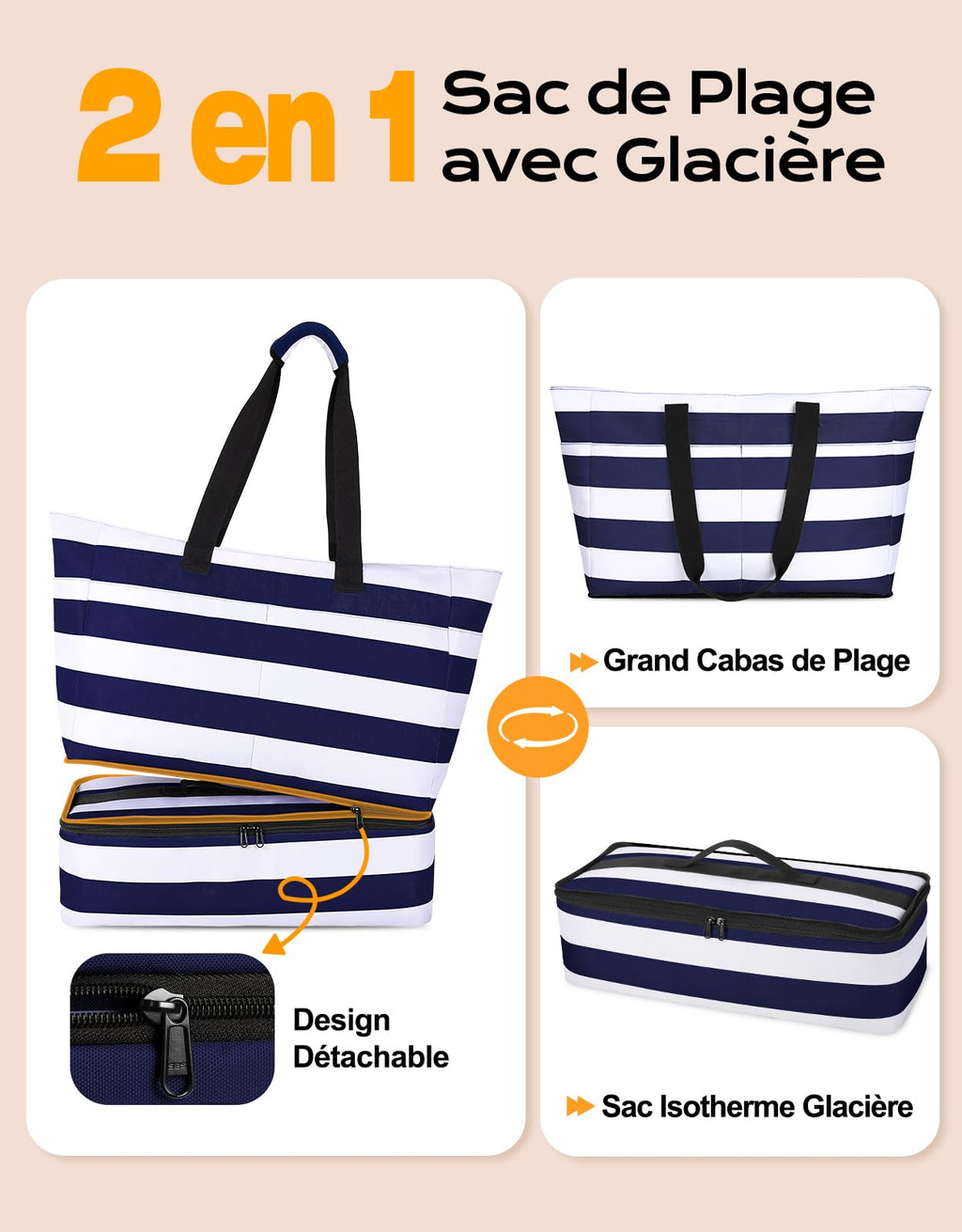 CIRYCASE Sac de Plage XXL 54L avec Isotherme Détachable – Étanche, Compartiment Sec-Humide, Pliable, Femme/Famille