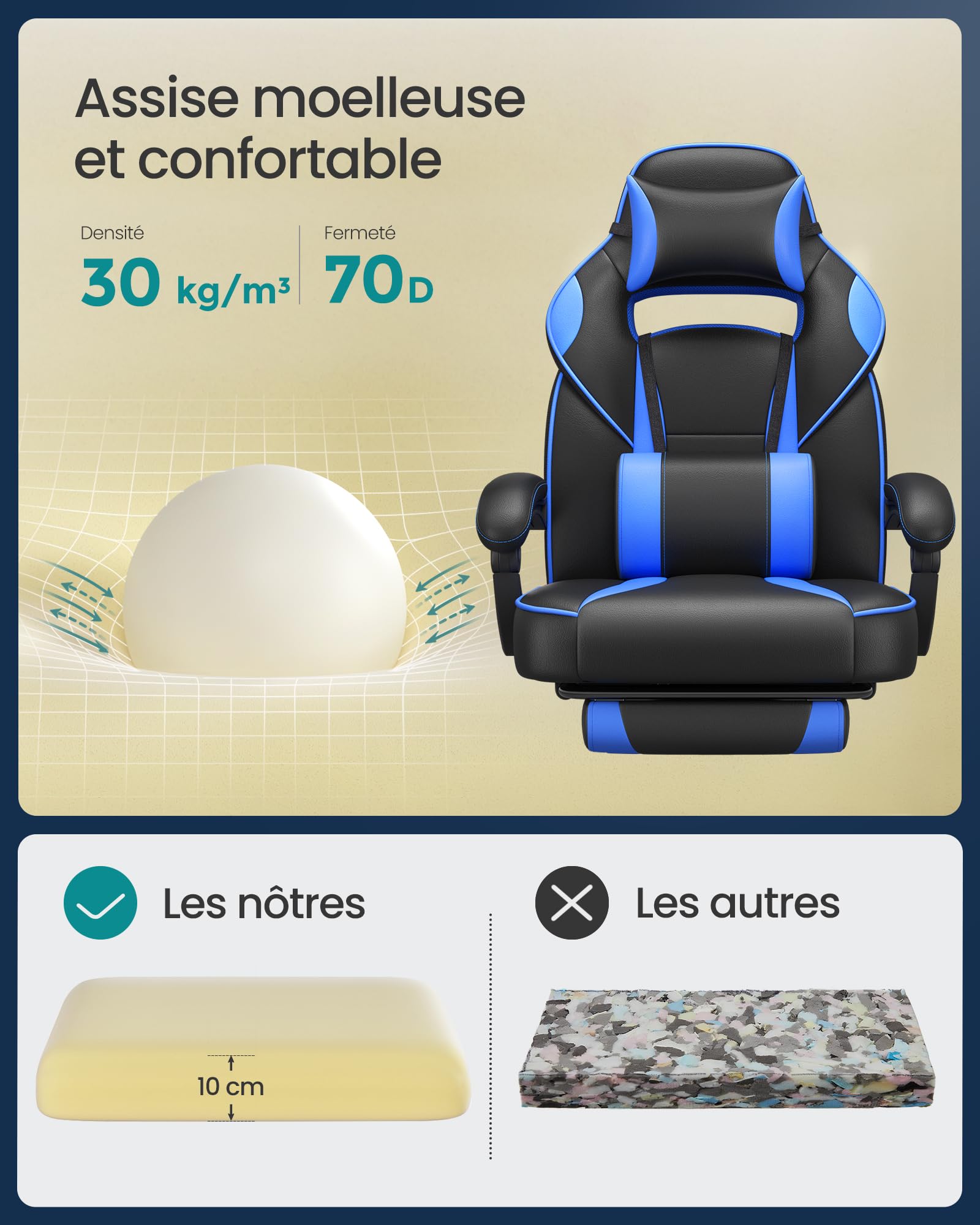 SONGMICS Fauteuil de Bureau Gaming OBG073B03 – Ergonomique, Repose-pieds, Appui-tête, 150 kg