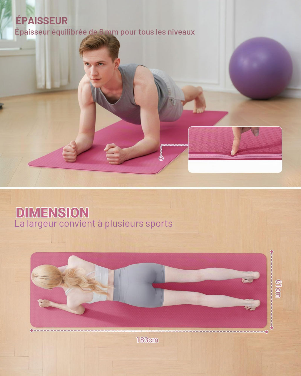 Good Nite Tapis de Yoga de Gymnastique de Exercice Fitness Tapis Fitness Antidérapant de Sport de Pilates avec Sangle de Transport 183 x 61 x 0,6 cm