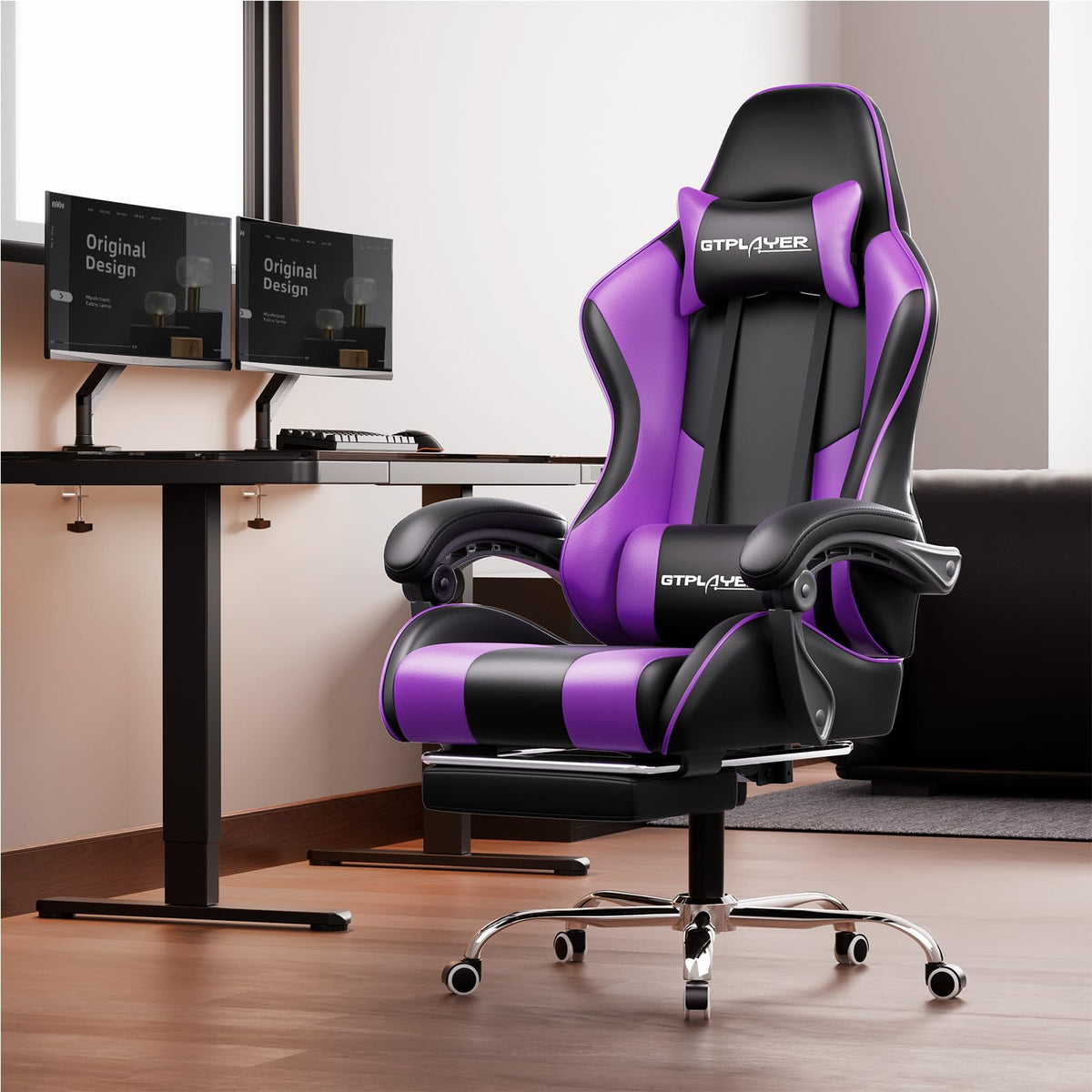 GTPLAYER Chaise Gaming Ergonomique, Fauteuil Gamer, Chaise Bureau, Dossier réglable à 135°, Hauteur Réglable, Repose-Pieds rétractables, Simili Cuir, Supporte 150 kg, Bleu
