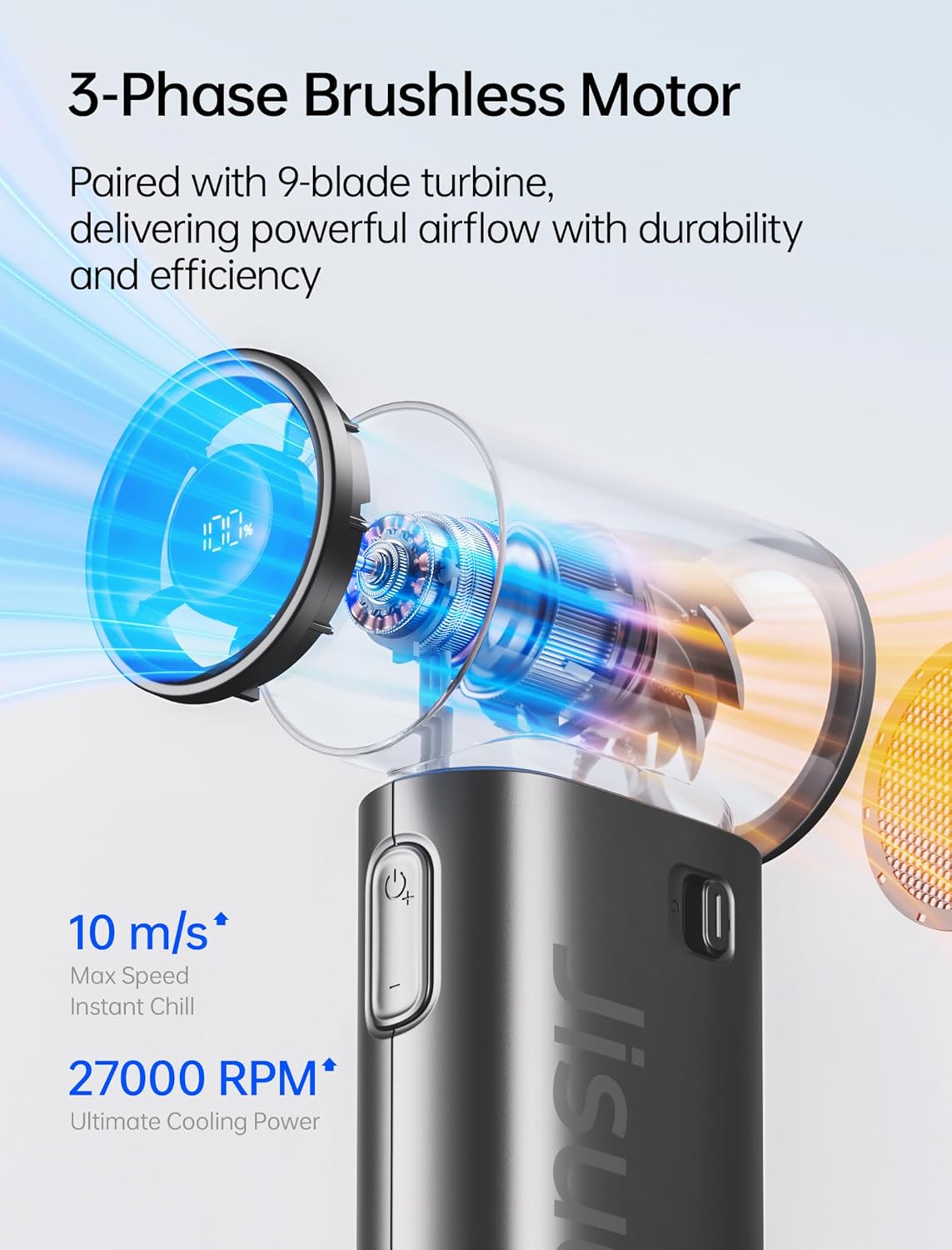 JISULIFE Ventilateur Portable, Turbo Power High Speed Air [18h Max temps de Refroidissement], vent à 5 Vitesses, Rechargeable de 5000 mAh, Design de Poche, Ventilateur Personnel pour Voyagee Noir