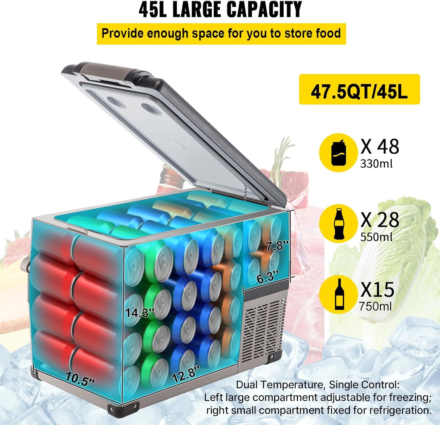 VEVOR Glacière Électrique Voiture, 45 L, Réfrigérateur Portable à Compression, 60 W, Mini Frigo, 69,3x34,5x45,6 cm, Glacière Électrique, Mini Congélateur Compresseur pour Maison/Voiture/Camping
