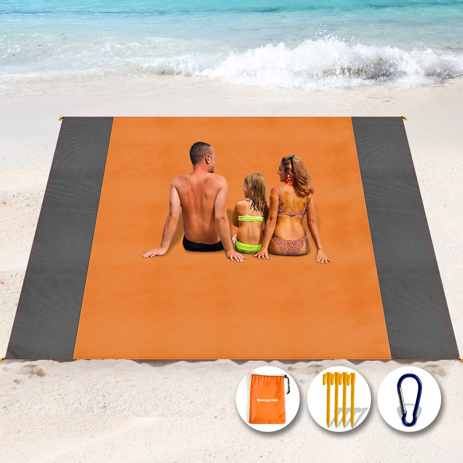 Tapis de Plage Anti-Sable XXL – Jusqu'à 300×275 cm, Imperméable, Compact, 4 Ancres, Polyester 210T – Plage, Camping, Pique-Nique