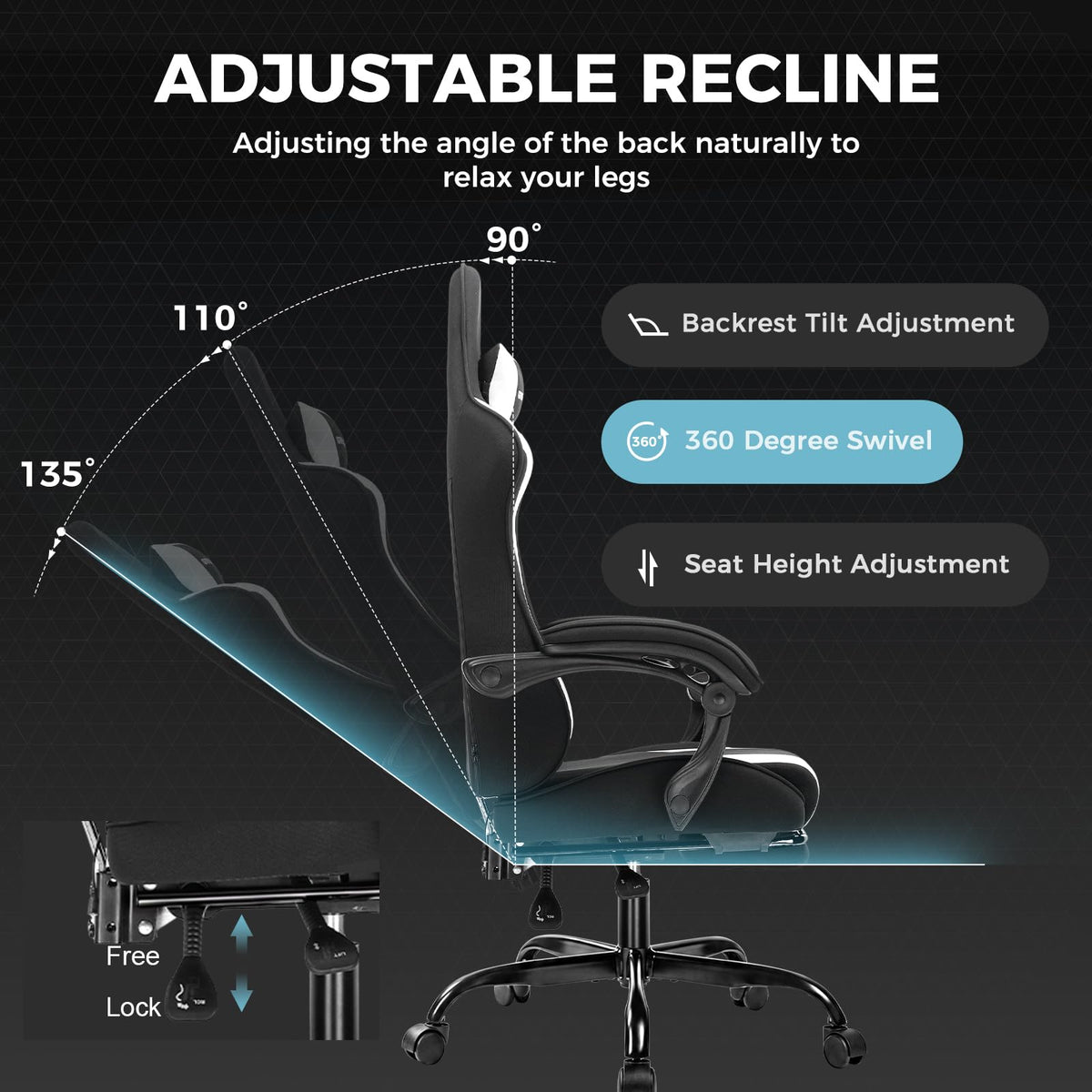 GTPLAYER Chaise Gaming Ergonomique, Fauteuil Gamer, Chaise Bureau, Dossier réglable à 135°, Hauteur Réglable, Repose-Pieds rétractables, Simili Cuir, Supporte 150 kg, Bleu