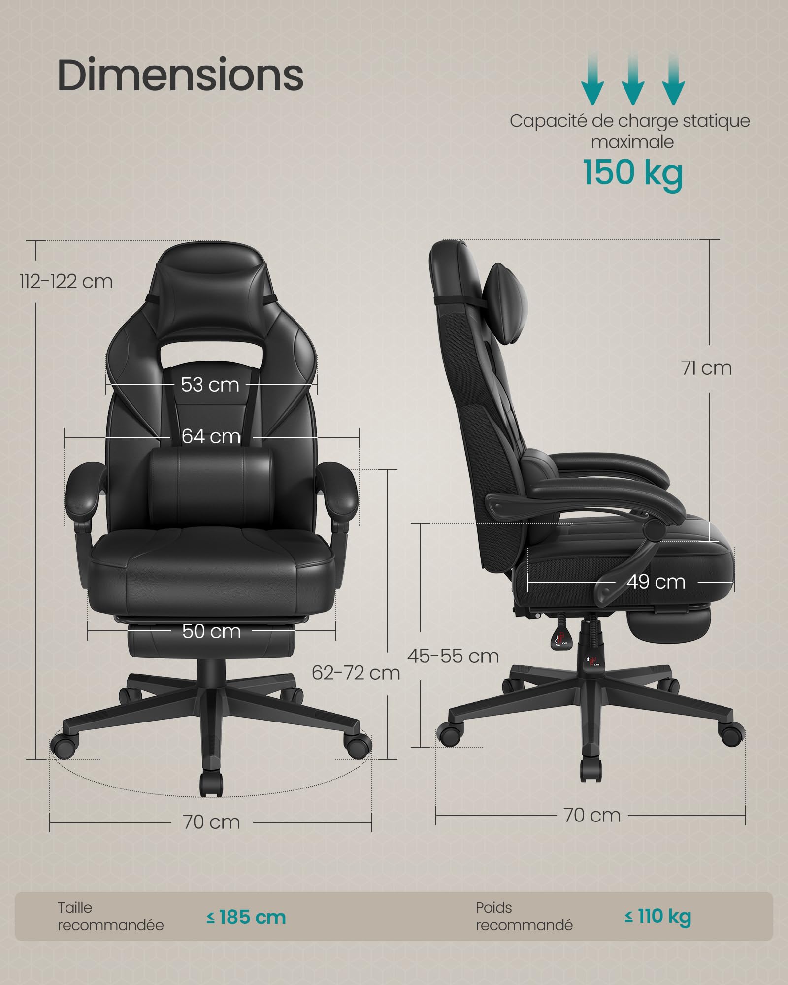 SONGMICS Fauteuil de Bureau Gaming OBG073B03 – Ergonomique, Repose-pieds, Appui-tête, 150 kg