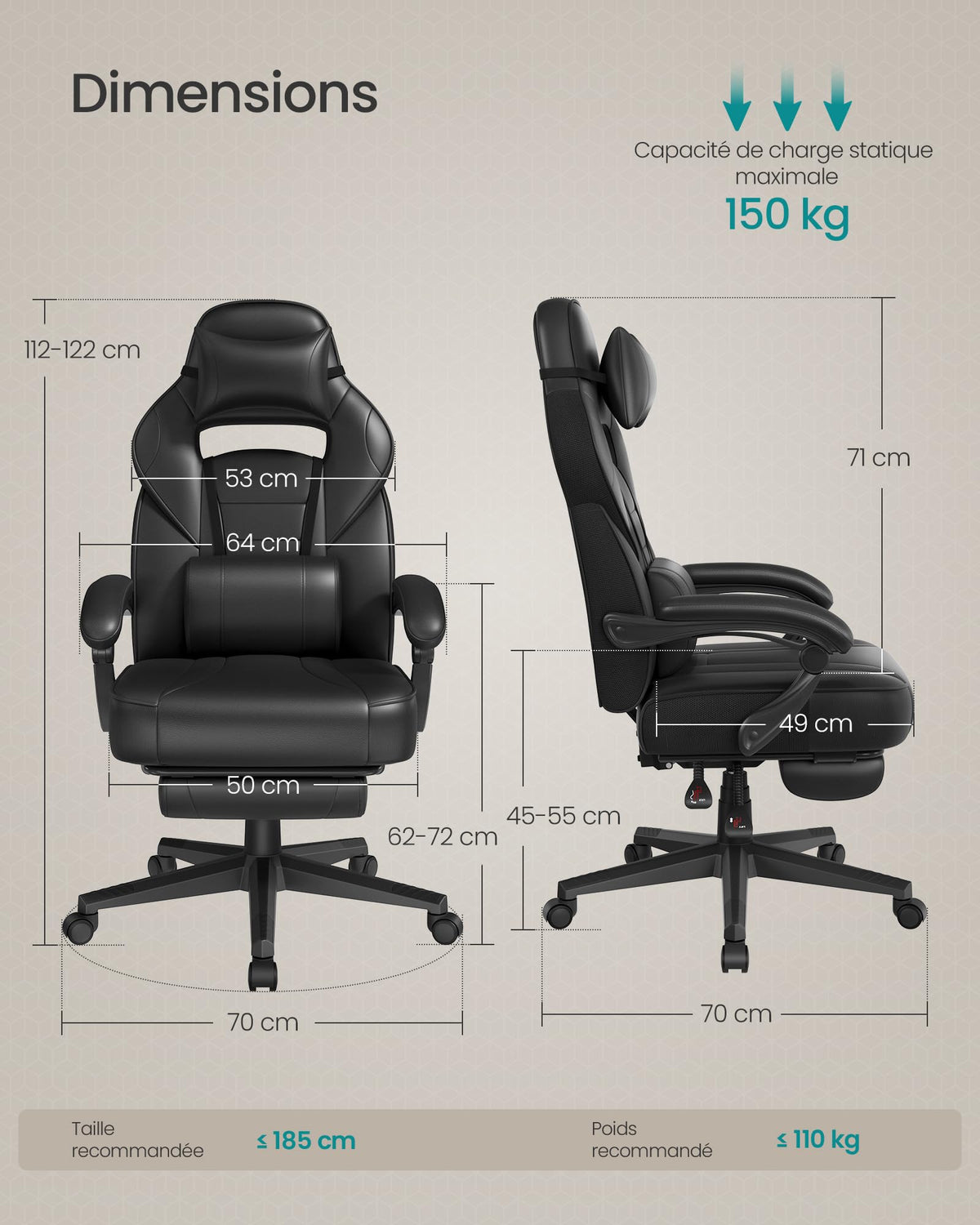 SONGMICS Fauteuil de Bureau Gaming OBG073B03 – Ergonomique, Repose-pieds, Appui-tête, 150 kg