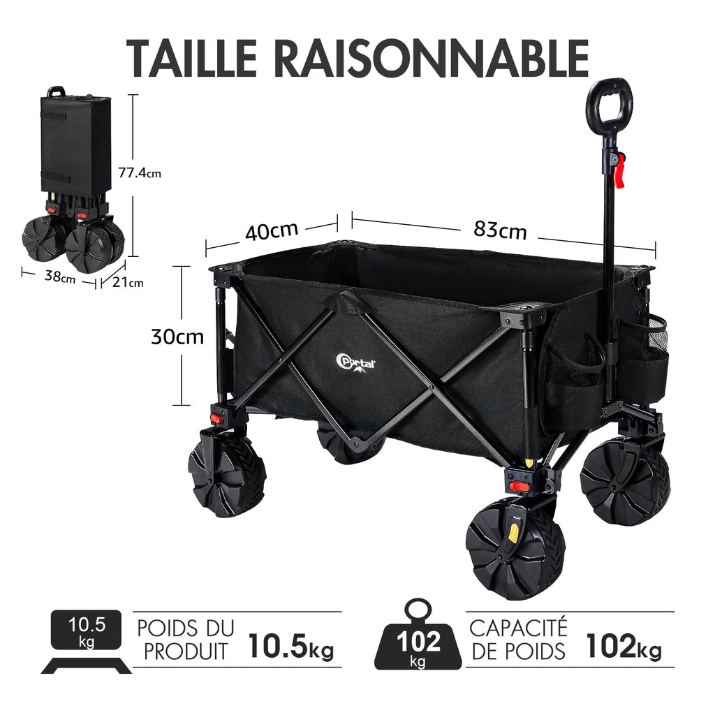 PORTAL Chariot de Plage Pliable – Chariot Tout Terrain Pliable avec Roues 20 cm, Poignée Réglable, 150 kg
