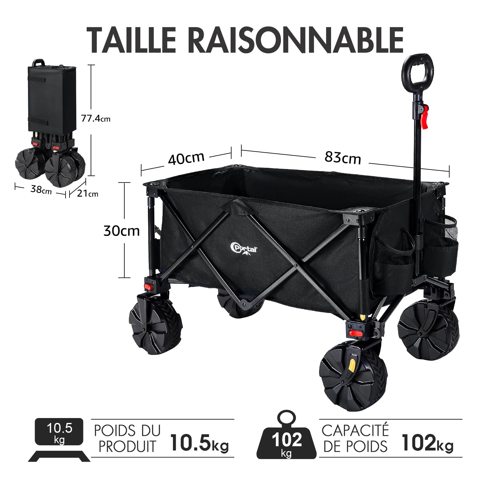 PORTAL Chariot de Plage Pliable – Chariot Tout Terrain Pliable avec Roues 20 cm, Poignée Réglable, 150 kg