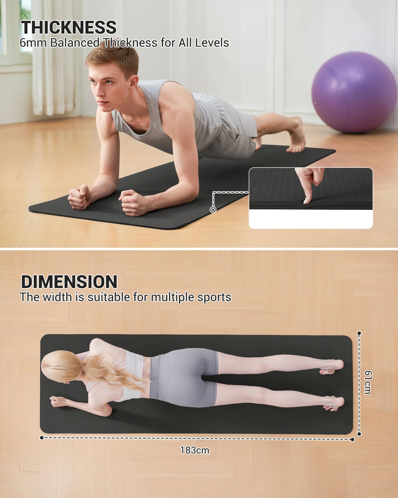 Good Nite Tapis de Yoga de Gymnastique de Exercice Fitness Tapis Fitness Antidérapant de Sport de Pilates avec Sangle de Transport 183 x 61 x 0,6 cm