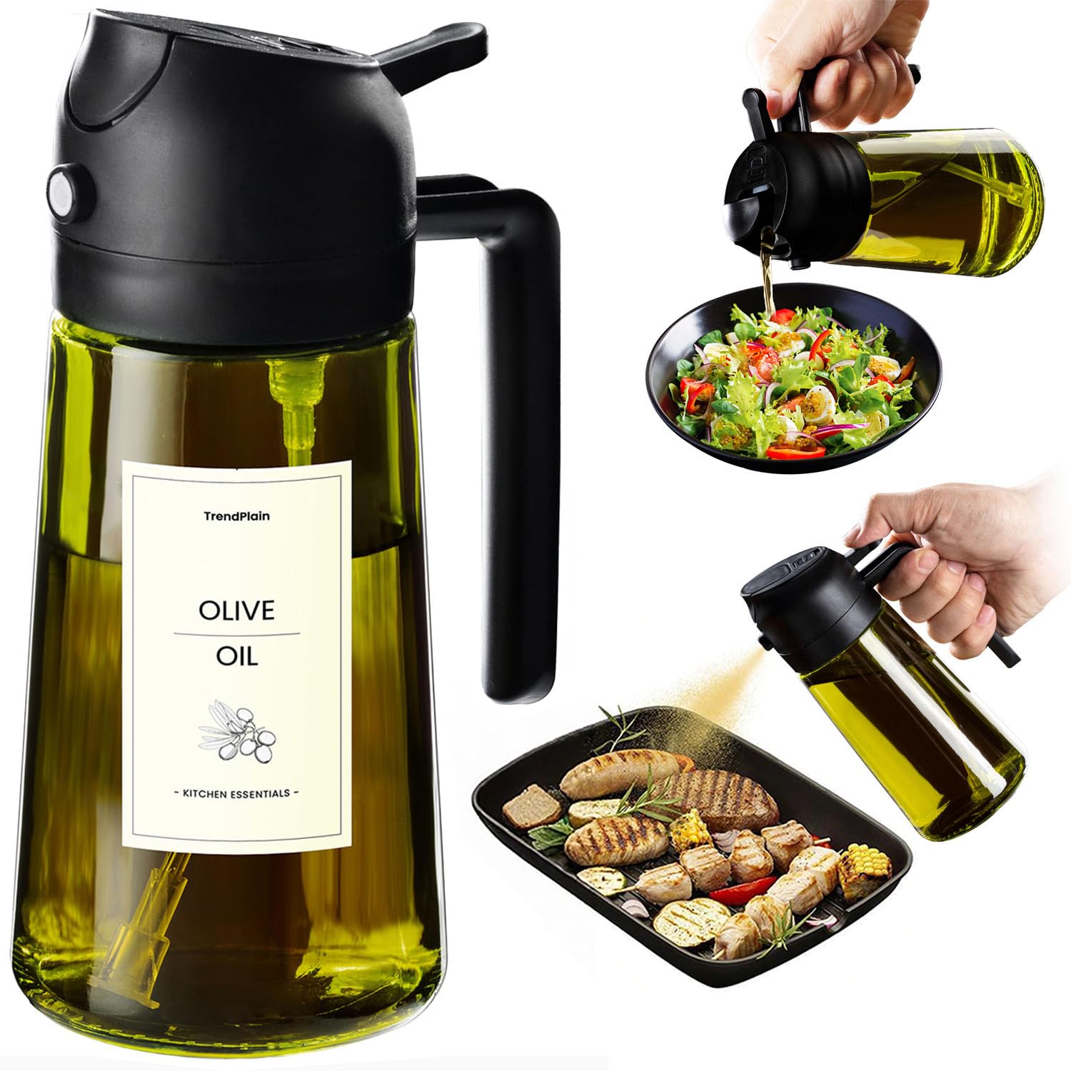 TrendPlain Vaporisateur Huile Cuisine 470ml – Spray 2-en-1 Air Fryer, Salades & Cuisson (Noir)