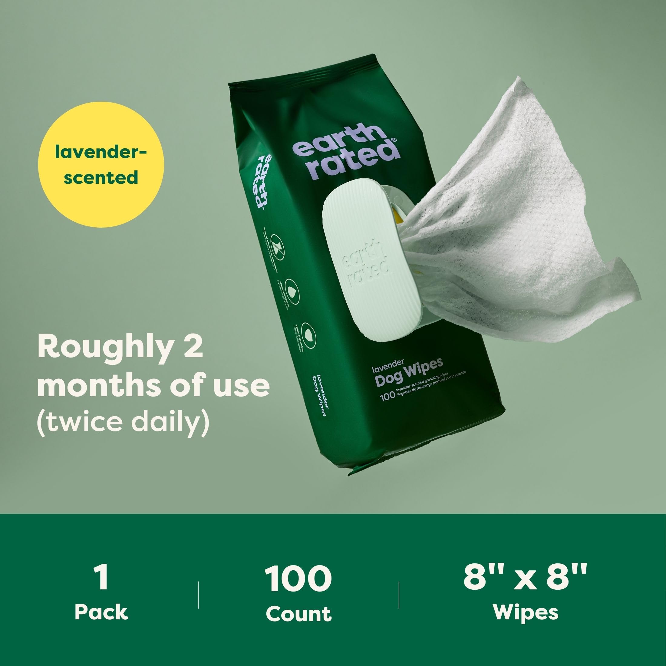 Earth Rated Lingettes hypoallergéniques pour Chiens, nettoyantes et Anti-odeurs, pour Pattes, Corps et arrière-Train, parfaites pour Chiots et Chiens Adultes, sans Parfum, 100 lingettes