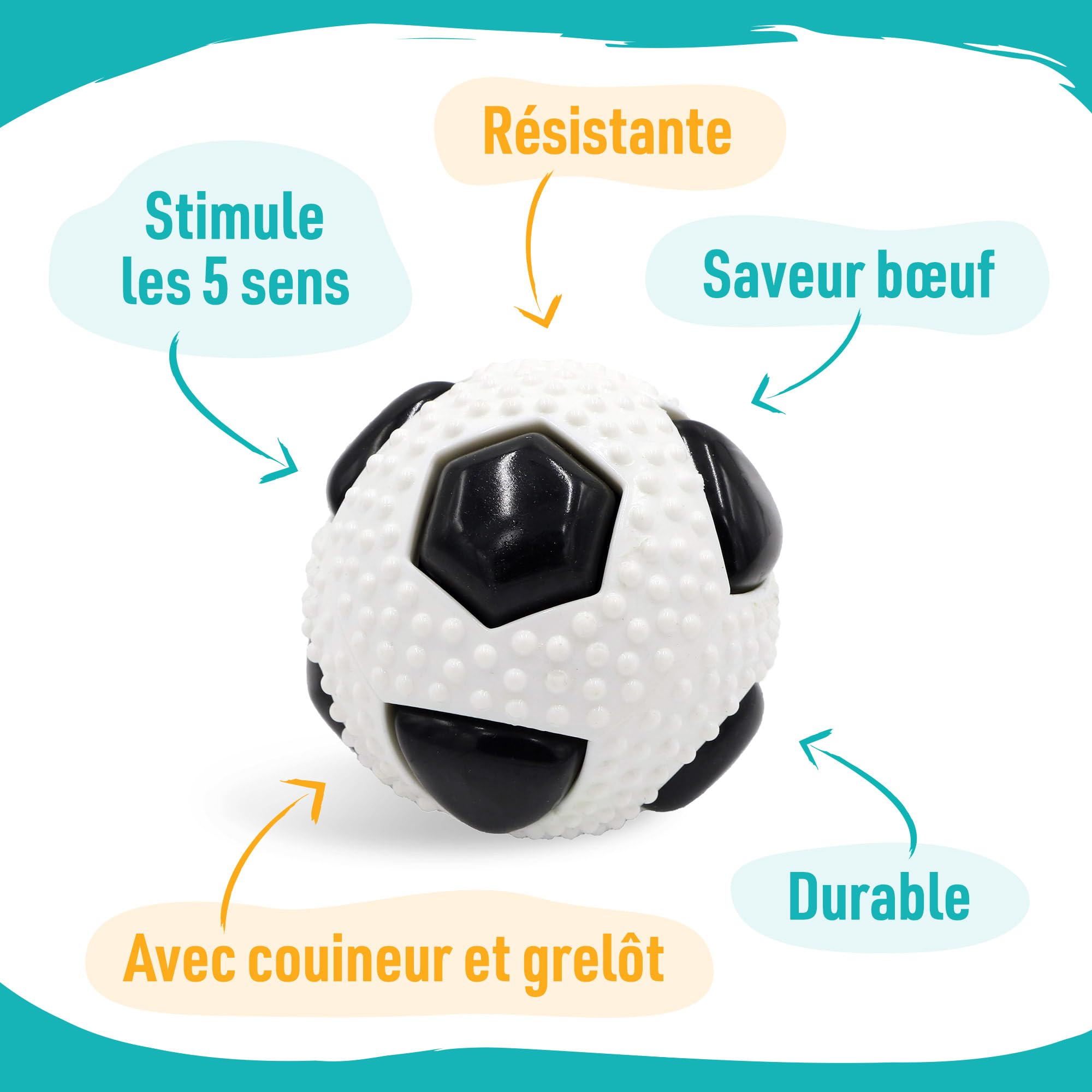 Aimé - Balle pour Chien 5 en 1 Saveur Bœuf - Jouet Interactif/Éducatif pour Développer et Stimuler les 5 Sens - Résistant Toutes Races et Tous Âges - Balle 6 cm