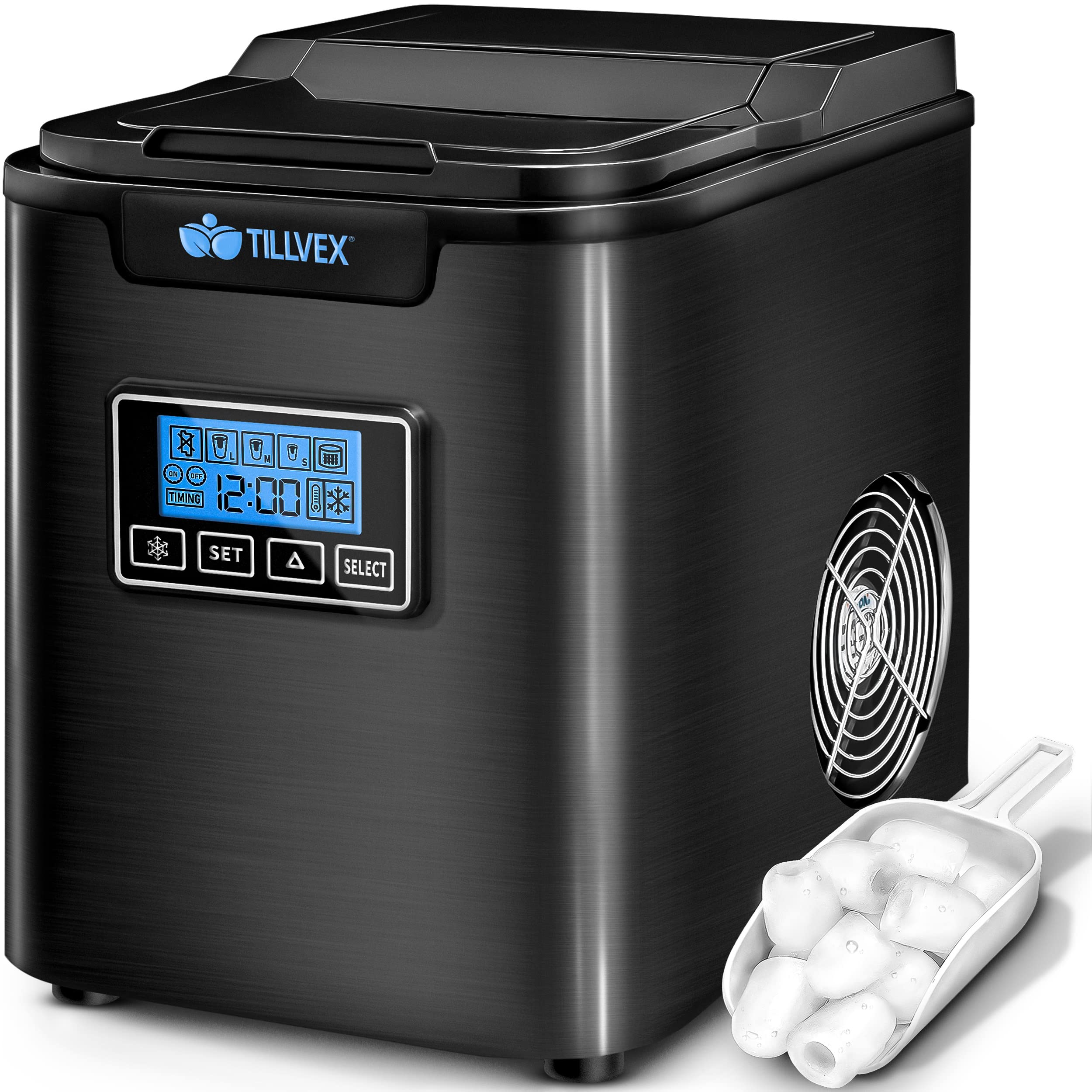 tillvex Machine à glaçons en inox 12 kg - 24 h | Préparation de glaçons avec minuterie et réservoir 2,2 litres | Ice Maker avec écran LED et nettoyage automatique | 3 tailles de glaçons (Argent)