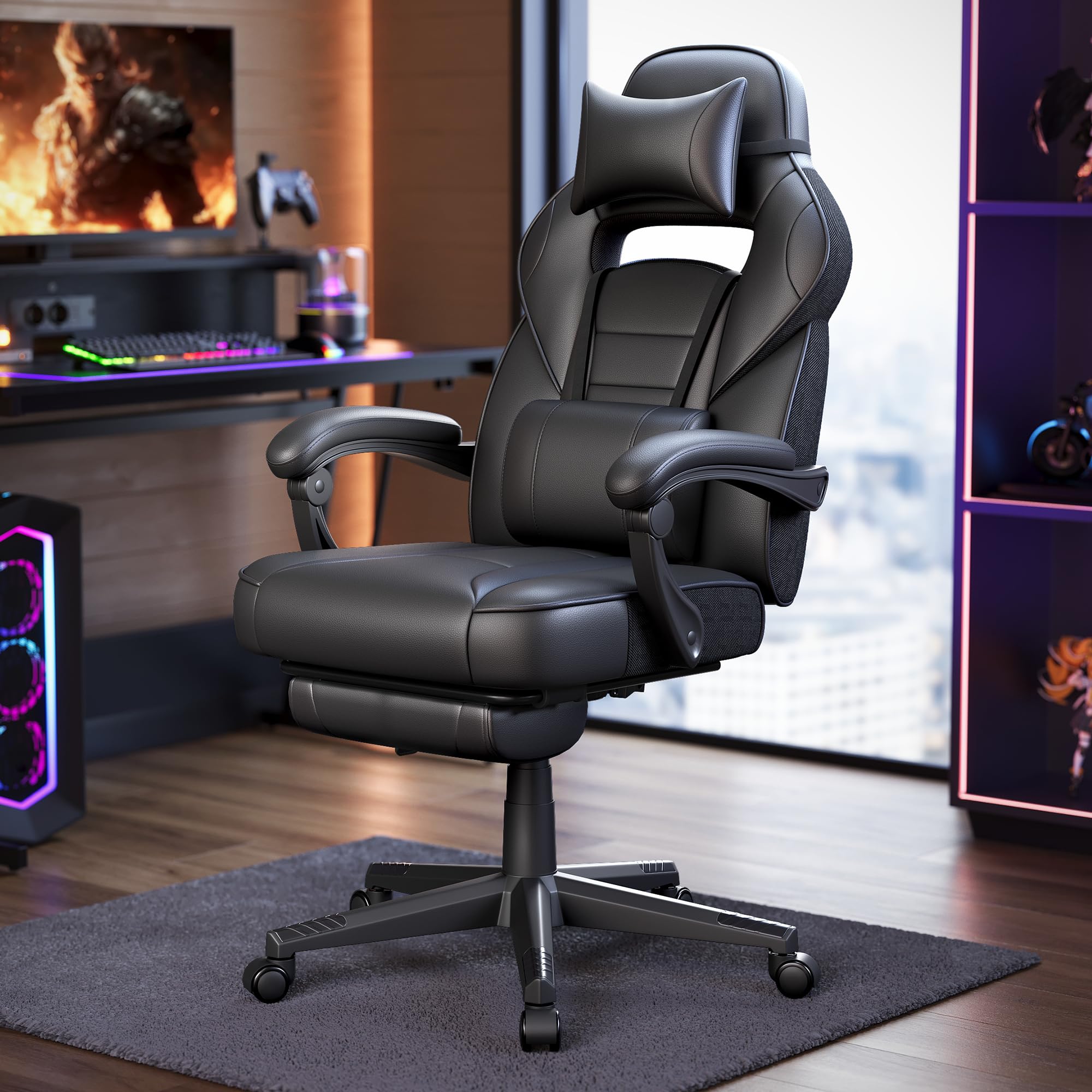 SONGMICS Fauteuil de Bureau Gaming OBG073B03 – Ergonomique, Repose-pieds, Appui-tête, 150 kg