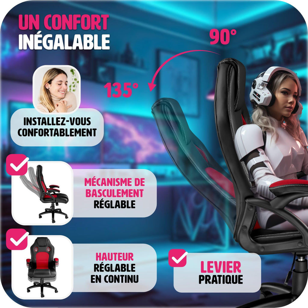 TecTake® Chaise de Bureau Fauteuil de Bureau Fauteuil pivotant Design Chaise Gaming, Siege Ergonomique, Fauteuil avec Accoudoirs, Rembourrage épais, Roulette, Hauteur réglable Teletravail