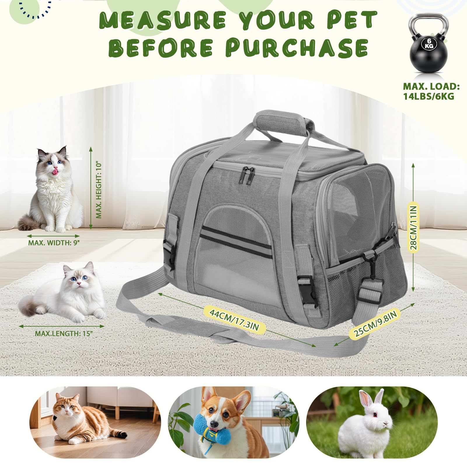 Romon Sac Transport Chat, Caisse de Transport Chien Respirant et Pliable jusqu'à 6 kg, Transporteurs avec Matelas en Peluche, Boîte de Transport avec Bandoulière Réglable, 17.3x11x9.8 inch, Noir