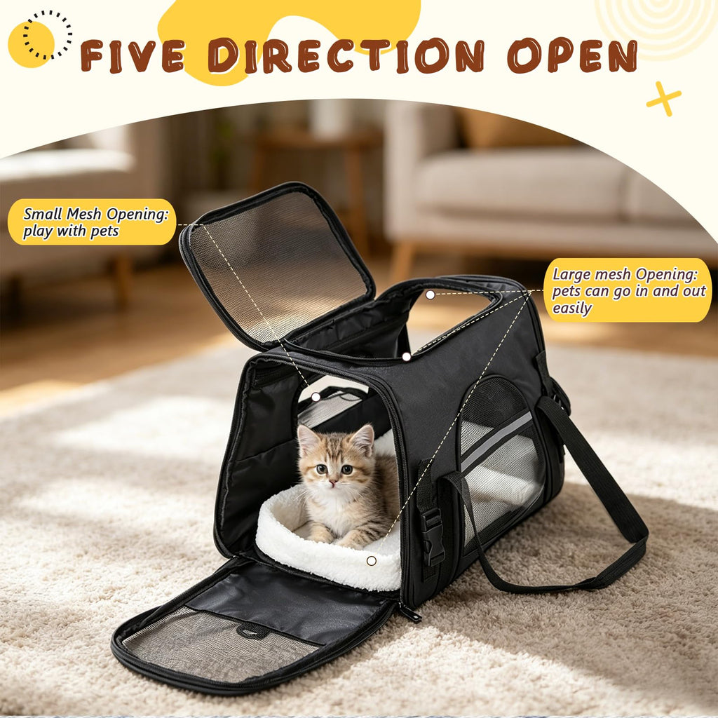 Romon Sac Transport Chat, Caisse de Transport Chien Respirant et Pliable jusqu'à 6 kg, Transporteurs avec Matelas en Peluche, Boîte de Transport avec Bandoulière Réglable, 17.3x11x9.8 inch, Noir