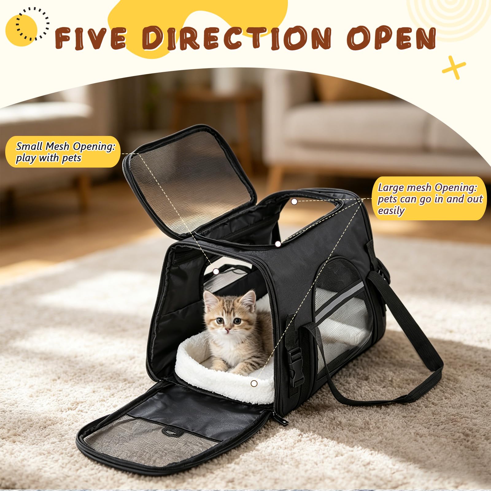 Romon Sac Transport Chat, Caisse de Transport Chien Respirant et Pliable jusqu'à 6 kg, Transporteurs avec Matelas en Peluche, Boîte de Transport avec Bandoulière Réglable, 17.3x11x9.8 inch, Noir