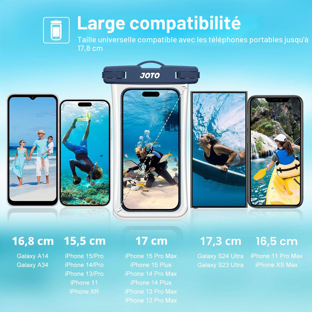 JOTO Pochette Étanche Smartphone IPX8 – Lot de 2, Compatible iPhone 17 à 11, Samsung Galaxy, Redmi, jusqu'à 7 Pouces