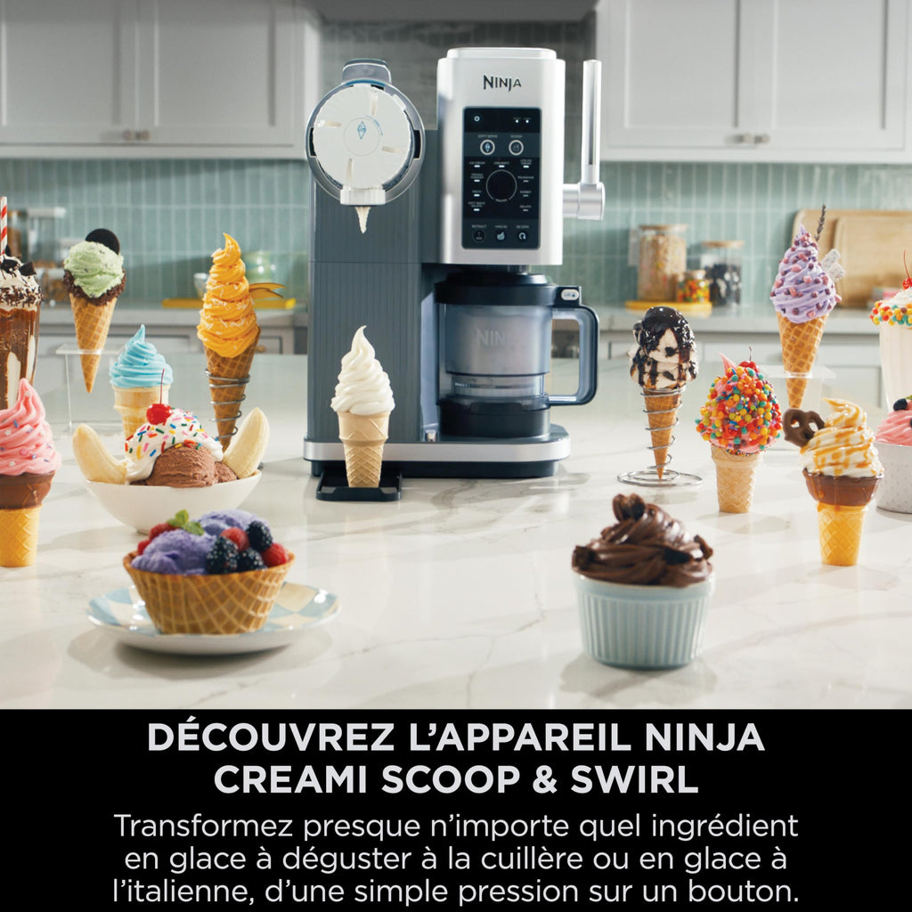 NINJA CREAMi Sorbetière Scoop and Swirl avec 2 pots, 13 modes pour réaliser crèmes glacées, glaces à l’italienne, gelatos, sorbets, milkshakes et plus, option Extra, Stone/Or NC701EUSTGD