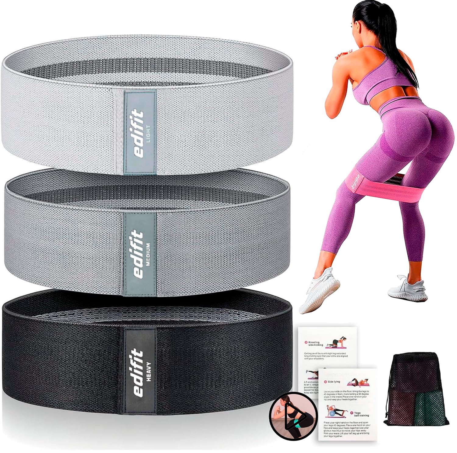 Edifit, Elastique Musculation, Bandes avec 3 Niveaux de Résistance, Fitness, Antidérapantes, Pack de 3, pour Gym, Yoga, Crossfit, Pilates ou Exercices à Domicile