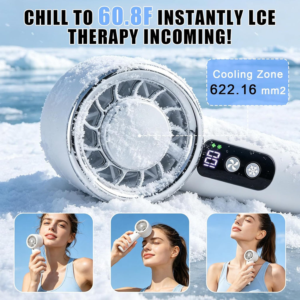 Ventilateur portable avec refroidisseur à glace | Jusqu'à 12 heures de refroidissement | Ventilateur à main de 0 à 100 vitesses | Moteur silencieux puissant de 20 000 tr/min | Mini ventilateur à