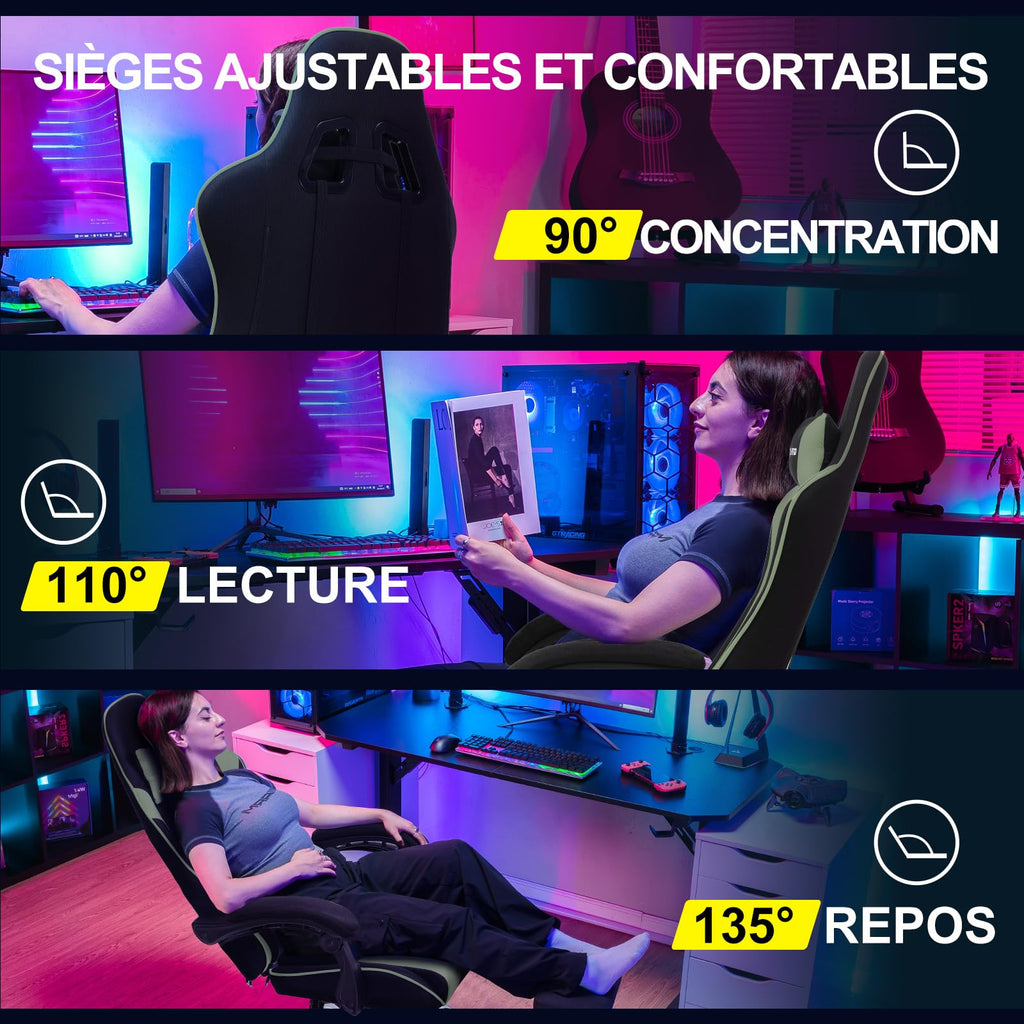 GTPLAYER Chaise Gaming Ergonomique, Fauteuil Gamer, Chaise Bureau, Dossier réglable à 135°, Hauteur Réglable, Repose-Pieds rétractables, Simili Cuir, Supporte 150 kg, Bleu
