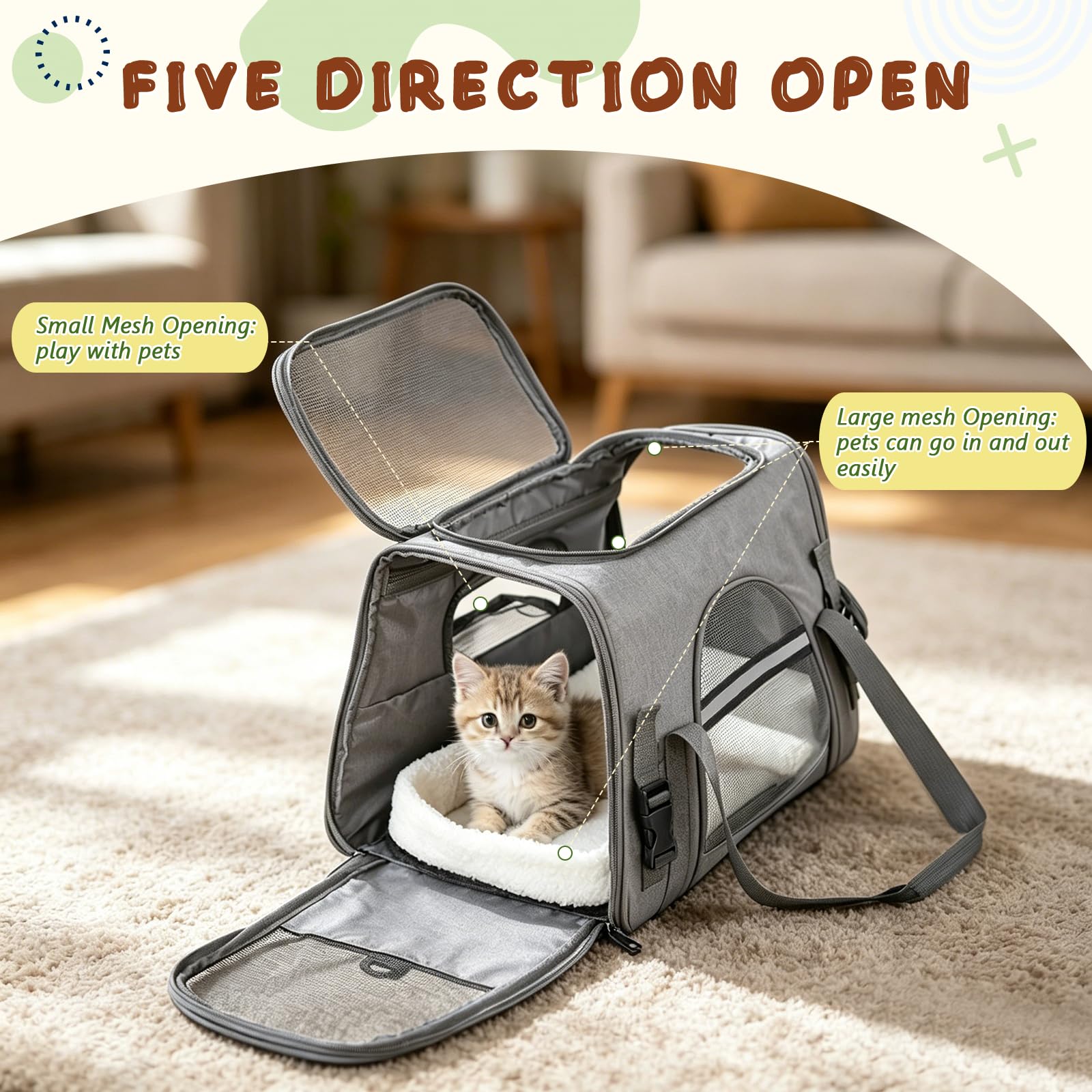 Romon Sac Transport Chat, Caisse de Transport Chien Respirant et Pliable jusqu'à 6 kg, Transporteurs avec Matelas en Peluche, Boîte de Transport avec Bandoulière Réglable, 17.3x11x9.8 inch, Noir