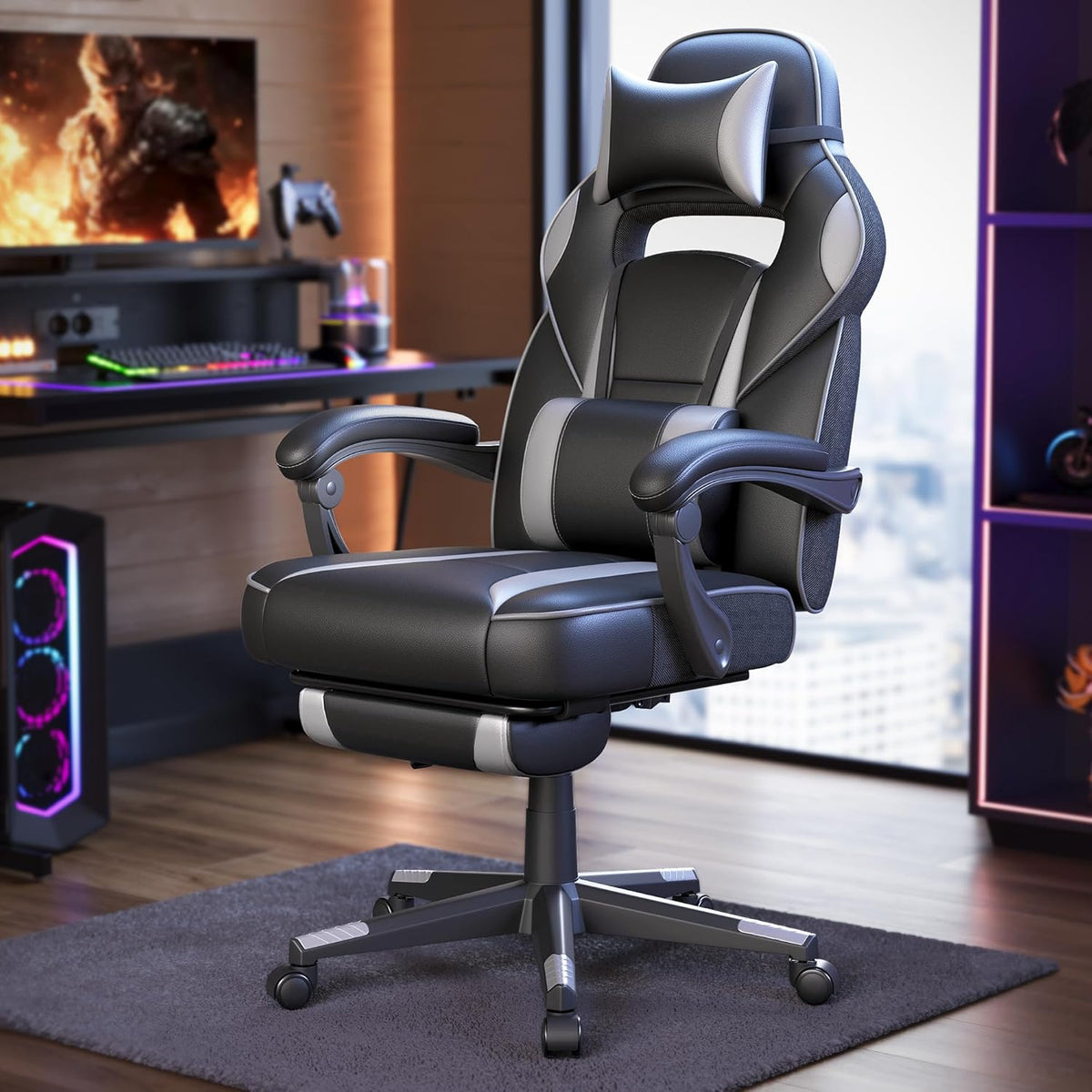 SONGMICS Fauteuil de Bureau Gaming OBG073B03 – Ergonomique, Repose-pieds, Appui-tête, 150 kg