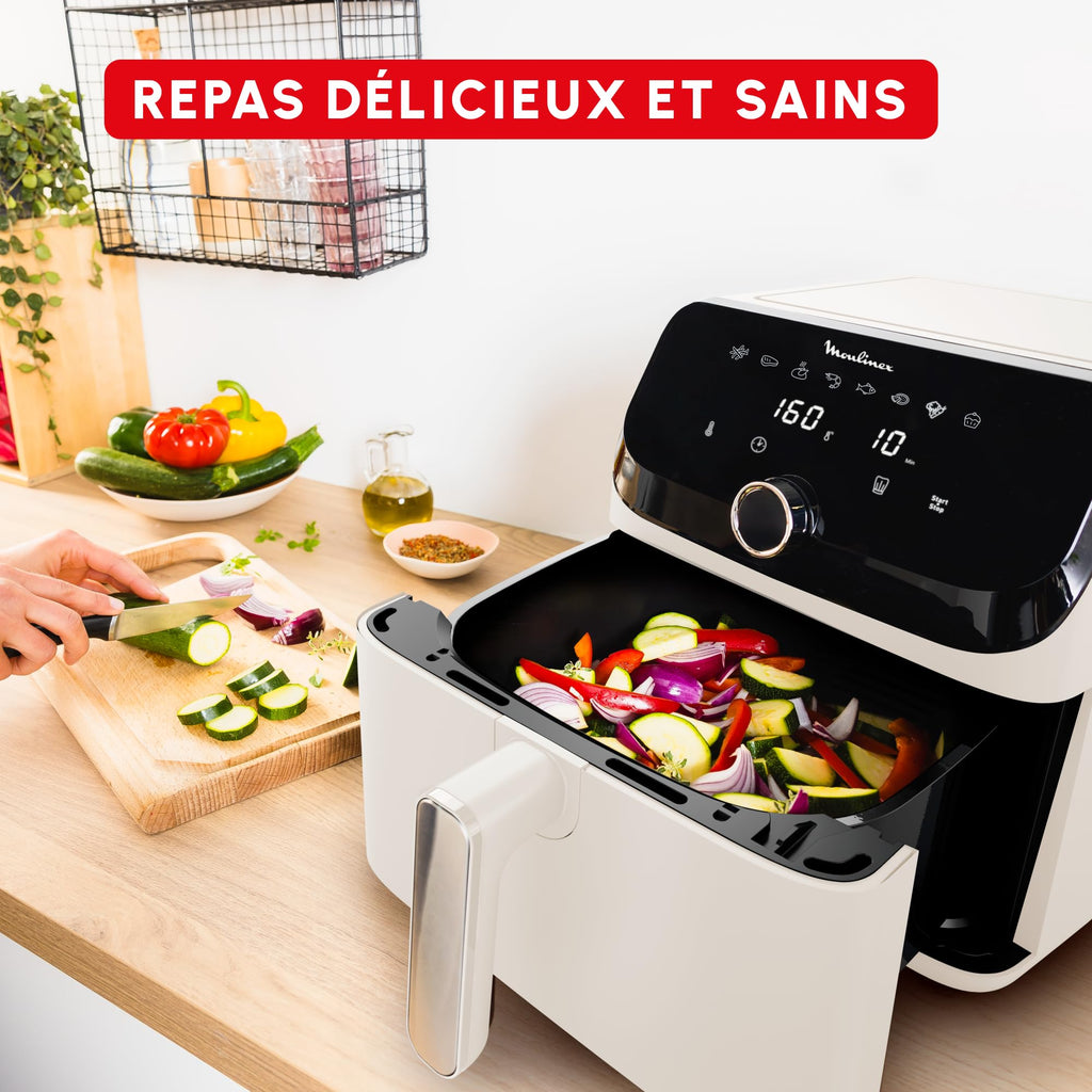 Moulinex Friteuse sans huile + Gril, Capacité XL 4,6L, Jusqu'à 6 personnes, 8 Programmes automatiques, Air Fryer, Ecran tactile digital, Température réglable, Easy Fry & Grill 2en1, EZ505810