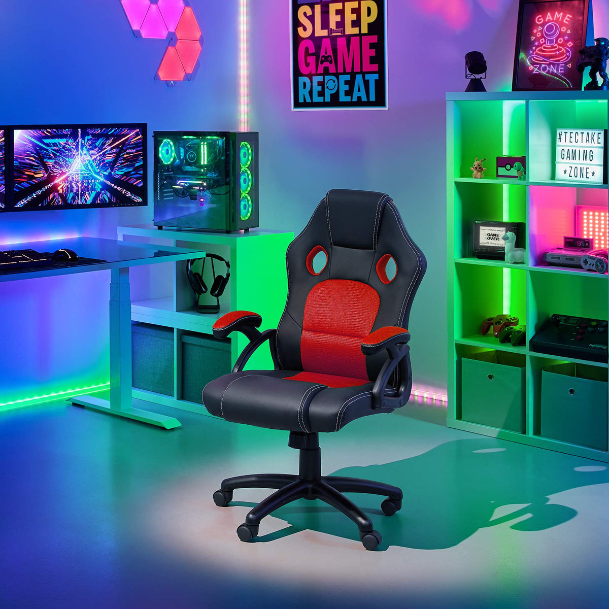 TecTake® Chaise de Bureau Fauteuil de Bureau Fauteuil pivotant Design Chaise Gaming, Siege Ergonomique, Fauteuil avec Accoudoirs, Rembourrage épais, Roulette, Hauteur réglable Teletravail