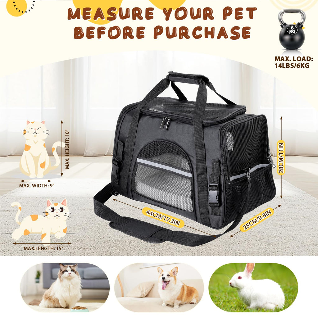 Romon Sac Transport Chat, Caisse de Transport Chien Respirant et Pliable jusqu'à 6 kg, Transporteurs avec Matelas en Peluche, Boîte de Transport avec Bandoulière Réglable, 17.3x11x9.8 inch, Noir