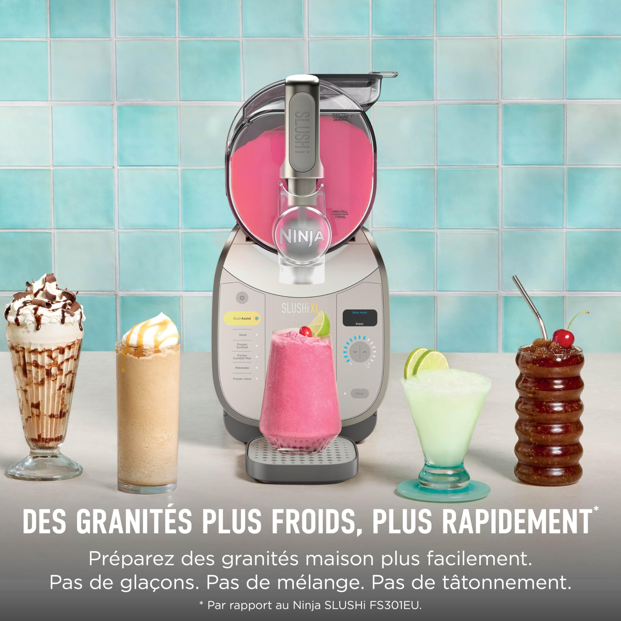 Ninja SLUSHi Machine à boissons glacées, granités, cocktails, frappés, milkshakes et jus glacés, vu sur TikTok, sans glace ni préparation requises, capacité 1,9 l, bleu et gris FS301EU